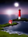 Vector illustration lighthouse in night sea. Lighthouse by sea with mountains Royalty Free Stock Photo