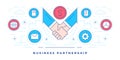 Vector illustration of line flat banner of icons around handshake symbol for business partnership and social media Royalty Free Stock Photo