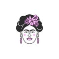 Vector illustration linear portrait of Frida Kahlo with roses isolsted on white background. Feminine symbols.