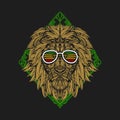 Vector illustration the lion`s head wears glasses against a background of green rectangular ornaments Royalty Free Stock Photo