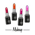 Vector illustration with 4 lipsticks: red lipstick, orange lipstick, pink and purple one.