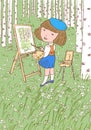 Vector illustration of little artist girl painting picture on an easel in birch grove on camomiles meadow Royalty Free Stock Photo