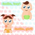 Vector illustration of little baby boy and baby girl. Adorable babies with thinking bubbles, place for your text. Cute Royalty Free Stock Photo