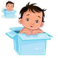 Vector illustration of little baby with swarthy skin sitting in box.