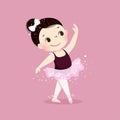 Cute little ballerina girl dancing on pink background. Kid in ballet class