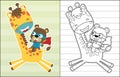 Vector illustration of little bear cartoon in superhero costume ride on giraffes back, coloring book or page