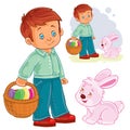 Vector illustration of a little boy with a basket for Easter hunting next to the Easter bunny.