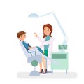 Vector illustration of little boy in dentist office. Medicine, dental concept. Pretty doctor woman and child patient in Royalty Free Stock Photo