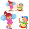 Vector illustration of a little boy knocking out a shot on the drum while a cheerful girl is dancing with pom-poms Royalty Free Stock Photo