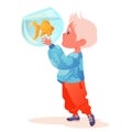 Vector illustration with little boy scrutinizing with interest goldfish in aquarium. Royalty Free Stock Photo