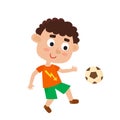 Vector illustration of little boy playing football in cartoon style Royalty Free Stock Photo