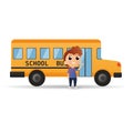 Vector illustration of little boy standing near the school bus. Back To School bus w kids Royalty Free Stock Photo