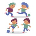 Vector illustration of little boys, boys play soccer. Set of cute soccer players. Kids isolated on a white background. Cartoon