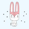 Vector illustration of little bunny sitting among stars with big head, small body, long ears