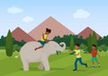 Vector illustration of the little children feeding and riding the elephant.