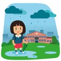 Vector illustration of little crying girl going to school