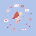 Vector illustration with a little cupid and Valentine's day elements on a blue background