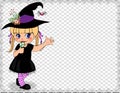 Cute naughty baby girl in witch dress costume framed with cobweb on transparent background.