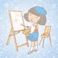 Vector illustration of a little girl artist standing behind an easel and painting with a brush