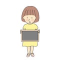 Vector illustration of little girl with blank blackboard for presentation, brochure and banner. Kid brochure. Childhood education