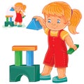 Vector illustration of a little girl building a tower of children s building blocks.