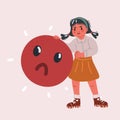 Vector illustration of little girl face, angry facial expression, emoji face, frustrated, upset.