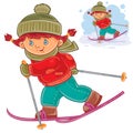 Vector illustration of a little girl skiing