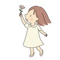 Vector illustration of little happy kid girl giving pink flower. Happiness, love, mother day and valentine day concept. Cartoon