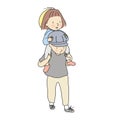 Vector illustration of little kid girl riding dad`s shoulders. Daughter ride on daddy back. Early child development, family