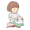 Vector illustration of little kid girl unwrapping a present. Happy Birthday, Happy New Year & Merry Christmas, holiday Royalty Free Stock Photo