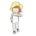 Vector illustration of little kid girl walking with school backpack and yellow hat. Child development, travel concept. Cartoon