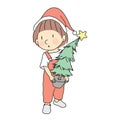 Vector illustration of little kid holding Christmas tree. Family, Happy New Year & Merry Christmas, holiday concept. Cartoon Royalty Free Stock Photo