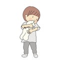 Vector illustration of little kid holding and hugging teddy bear doll. Early childhood development, child playing, happy children