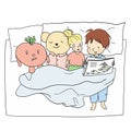 Vector illustration of little kid in pajamas reading a bedtime story to her dolls in bedroom