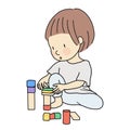 Vector illustration of little kid playing building wooden blocks by staking, assembling. Early childhood development activity