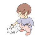 Vector illustration of little kid playing with lovely kitten. Curious kid touching little cat. Happy children day, child playing