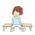 Vector illustration of little kid sitting on bench, lifting leg up and waiting