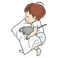 Vector illustration of little kid sleeping with rat doll in bed