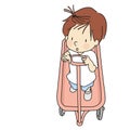 Vector illustration of little kid standing on classic red wagon, pointing finger to go Royalty Free Stock Photo