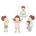 Vector illustration of little kid telling story about dad who carried and gave birth to baby Royalty Free Stock Photo