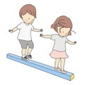 Vector illustration of little kids, boy and girl, playing balance beam. Early childhood development activity, education and learn Royalty Free Stock Photo