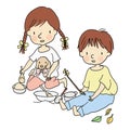 Vector illustration of little kids, boy and girl, playing with sand and toys in playground Royalty Free Stock Photo
