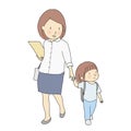 Vector illustration of little kids carrying school backpack walking to school with mother. Early childhood development, first day