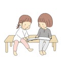 Vector illustration of little kids sitting and reading story book together. Early childhood development activity, education