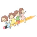 Vector illustration of little kids sitting together on yellow wooden pencil. Welcome back to school card, postcard, banner Royalty Free Stock Photo