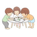 Vector illustration of little kids standing and reading story book together. Early childhood development activity, education