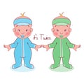 Vector illustration of little kids in suits, it s twins, boys.