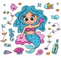 Vector illustration with little mermaid with big eyes. Marine life cartoon character, fish, snail, shell, sea horse Royalty Free Stock Photo