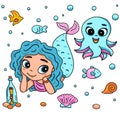 Vector illustration with little mermaid and octopus with big eyes. Marine life cartoon character, fish, snail, shell Royalty Free Stock Photo