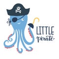 Vector illustration Little pirate lettering with pirate`s hat and bones. Kids logo emblem. Textile fabric print